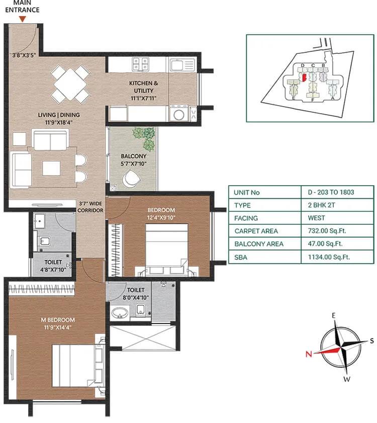 Concorde Neo 2 BHK floor plan, about 1,134 sq ft