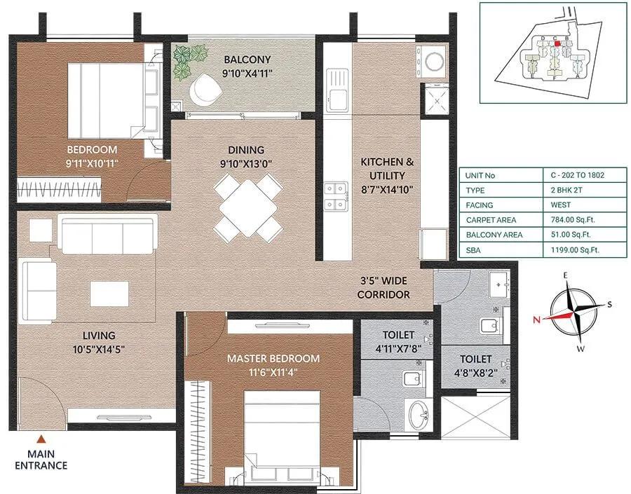 Concorde Neo 2 BHK floor plan, about 1,199 sq ft