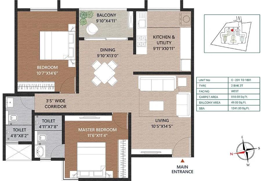 Concorde Neo 2 BHK floor plan, about 1,241 sq ft