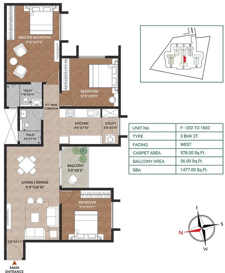 Concorde Neo 3 BHK floor plan, about 1,477 sq ft