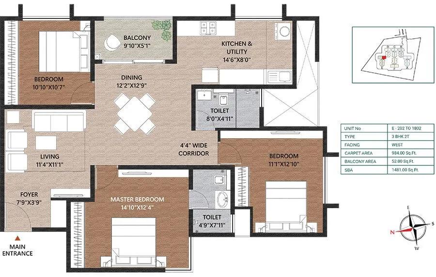 Concorde Neo 3 BHK floor plan, about 1,481 sq ft