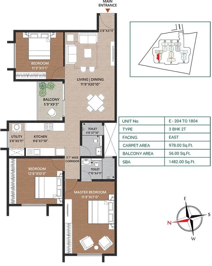 Concorde Neo 3 BHK floor plan, about 1,482 sq ft