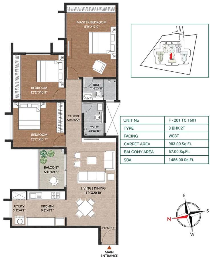 Concorde Neo 3 BHK floor plan, about 1,486 sq ft