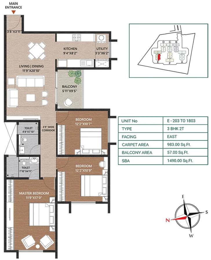 Concorde Neo 3 BHK floor plan, about 1,490 sq ft