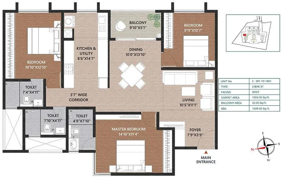 Concorde Neo 3 BHK floor plan, about 1,539 sq ft