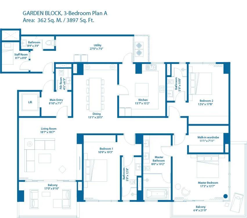 Embassy Lake Terraces 3 BHK floor plan, about 3,897 sq ft