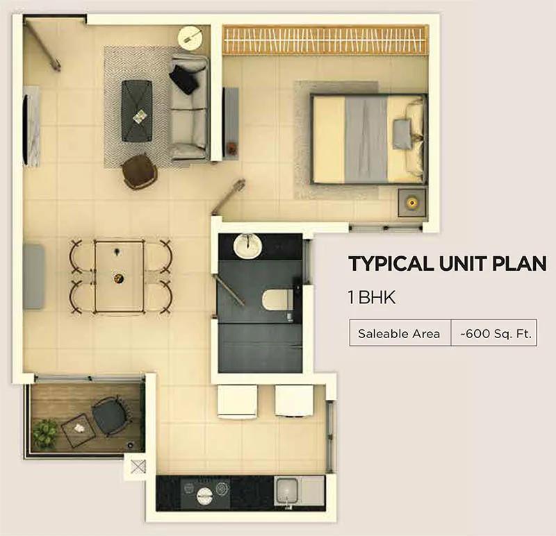 Provident Ecopolitan 1 BHK floor plan, about 600 sq ft
