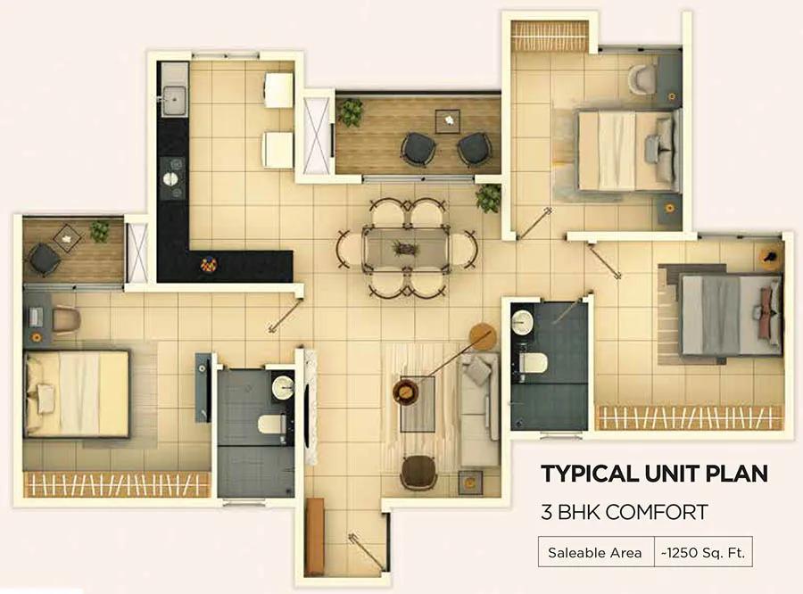 Provident Ecopolitan 3 BHK floor plan, about 1,250 sq ft