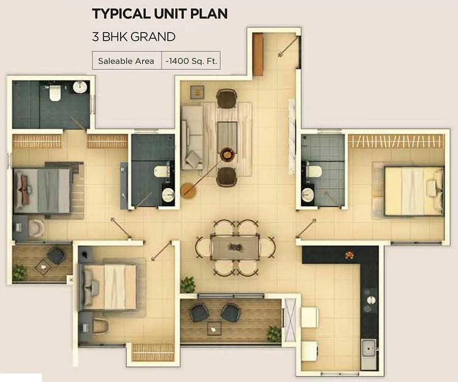 Provident Ecopolitan 3 BHK floor plan, about 1,400 sq ft