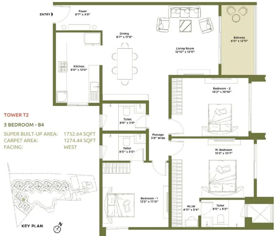 Embassy Greenshore Apartments 3 BHK floor plan, about 1,752 sq ft