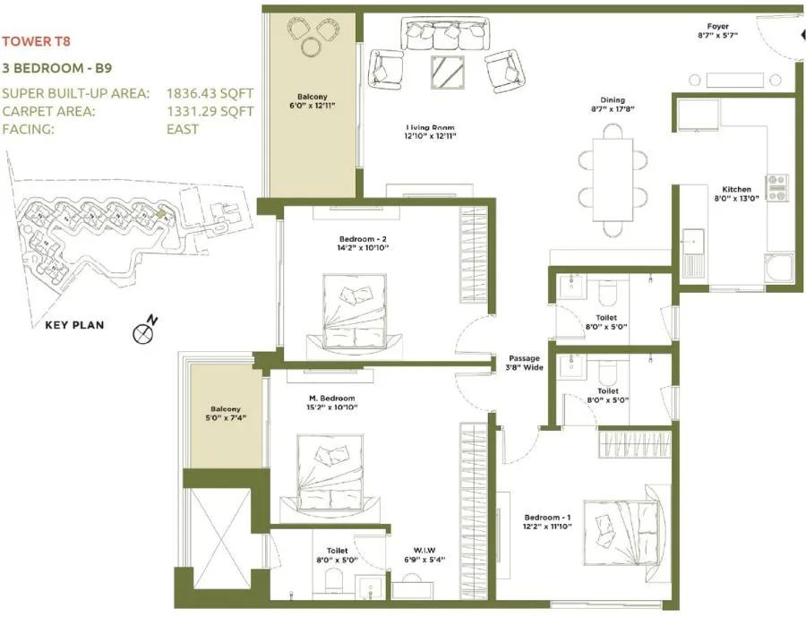 Embassy Greenshore Apartments 3 BHK floor plan, about 1,836 sq ft