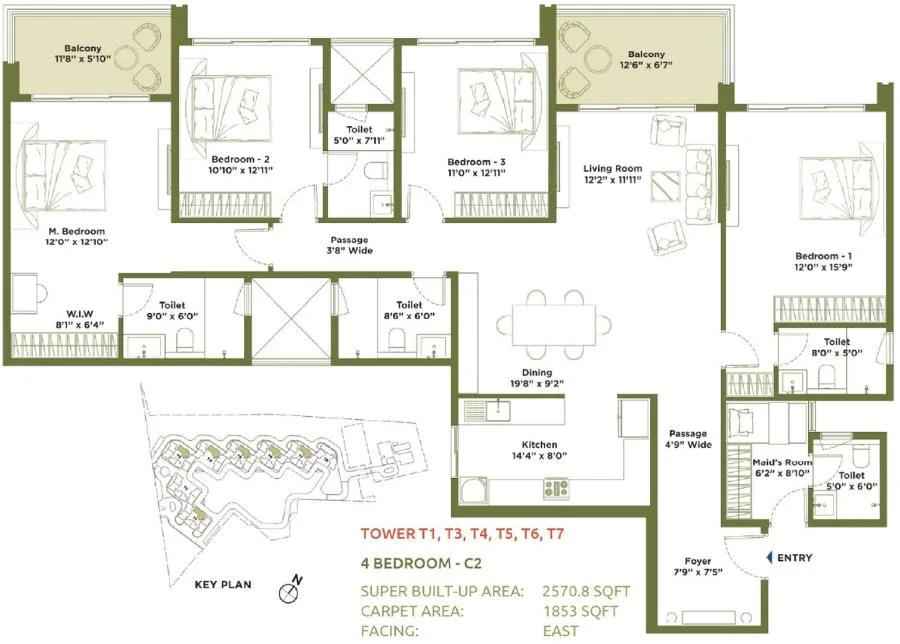 Embassy Greenshore Apartments 4 BHK floor plan, about 2,570 sq ft
