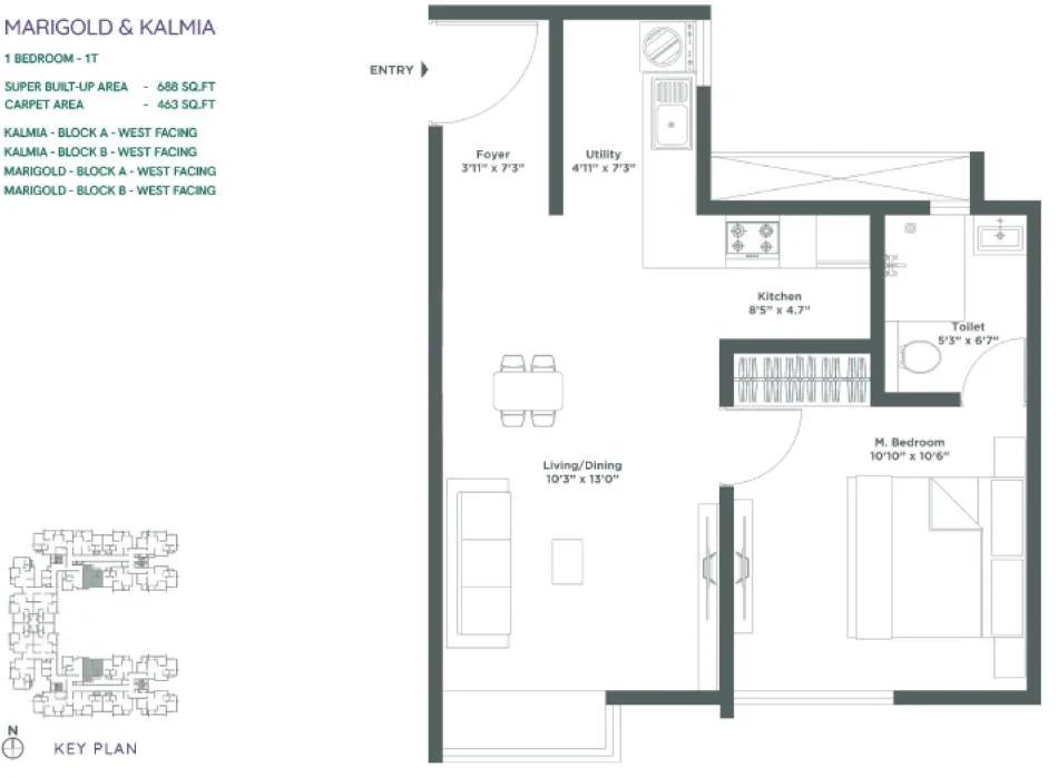 Embassy Verde Apartments 1 BHK floor plan, about 688 sq ft