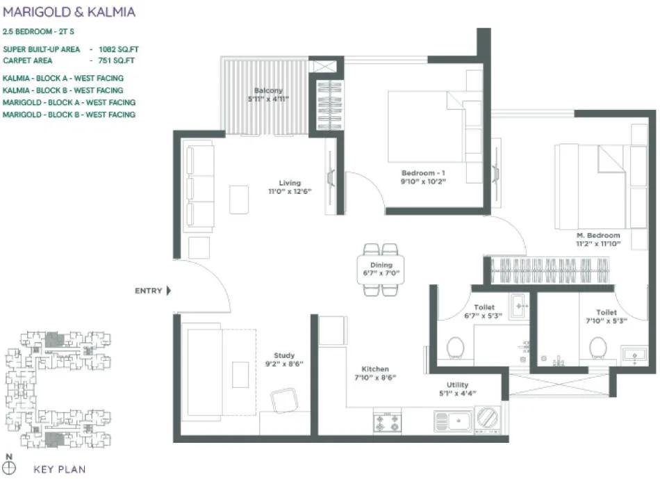 Embassy Verde Apartments 2.5 BHK floor plan, about 1,082 sq ft