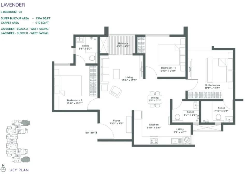 Embassy Verde Apartments 3 BHK floor plan, about 1,316 sq ft