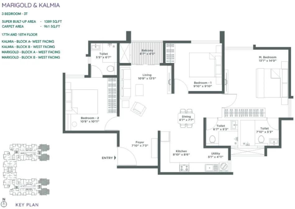 Embassy Verde Apartments 3 BHK floor plan, about 1,389 sq ft