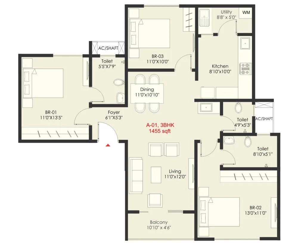 SNN Raj Grandeur 3 BHK floor plan, about 1,455 sq ft