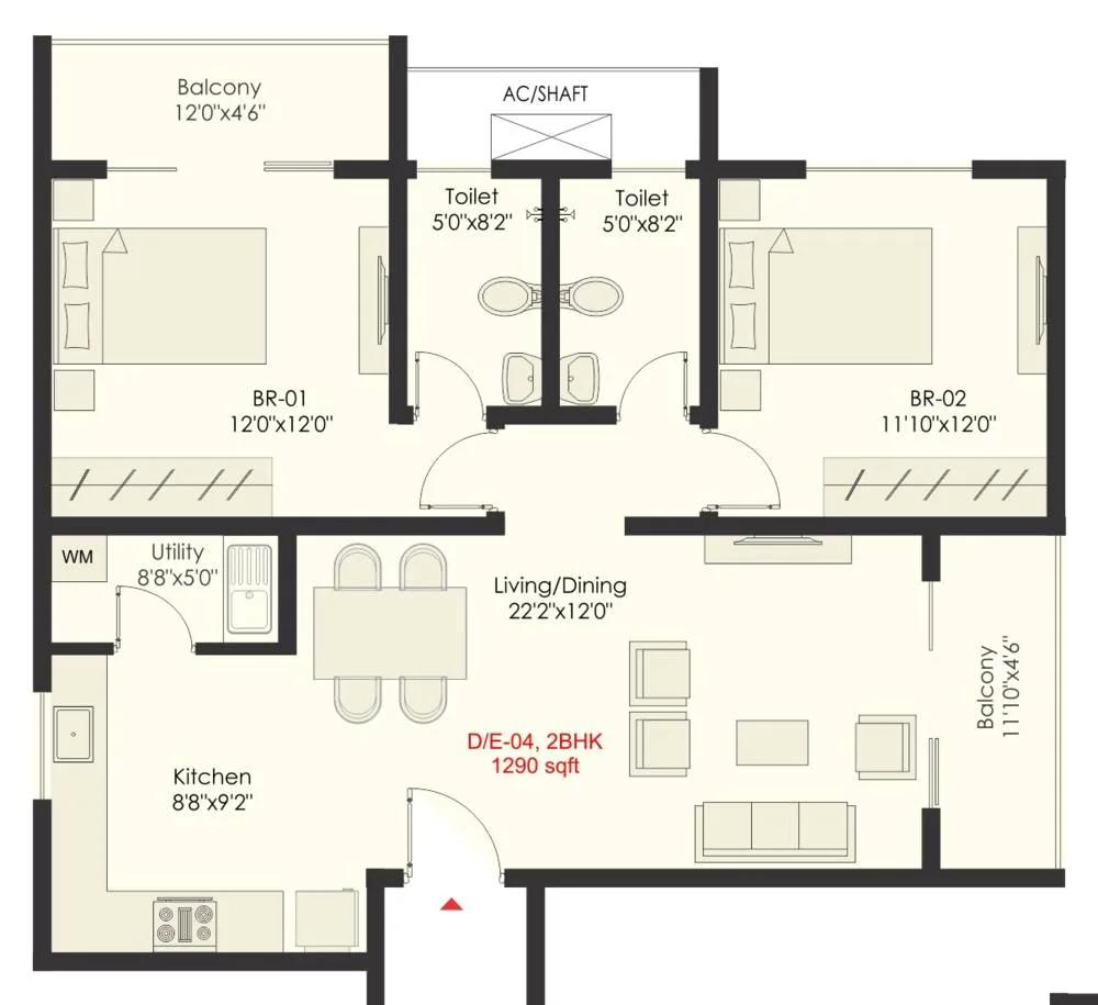 SNN Raj Grandeur 2 BHK floor plan, about 1,290 sq ft