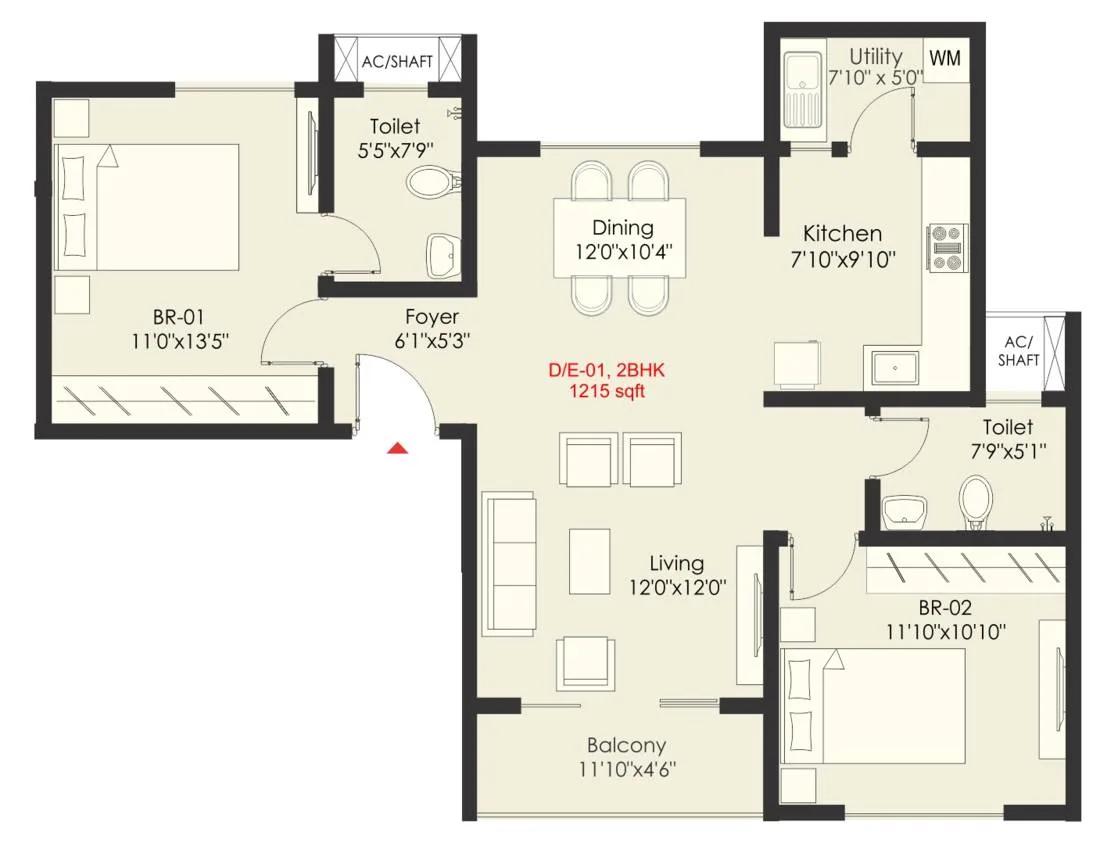 SNN Raj Grandeur 2 BHK floor plan, about 1,215 sq ft