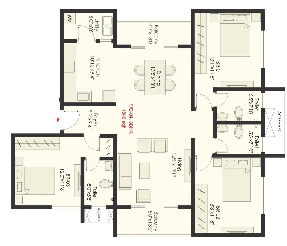 SNN Raj Grandeur 3 BHK floor plan, about 1,840 sq ft