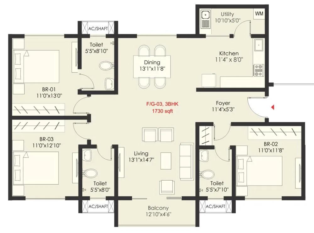 SNN Raj Grandeur 3 BHK floor plan, about 1,730 sq ft