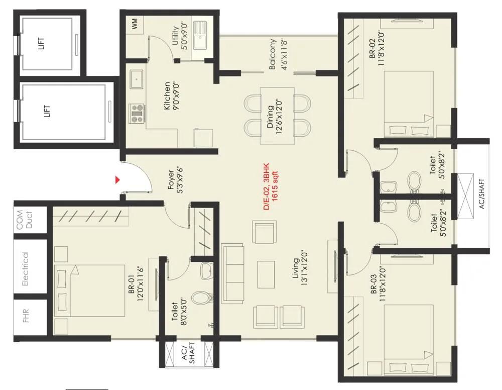 SNN Raj Grandeur 3 BHK floor plan, about 1,615 sq ft