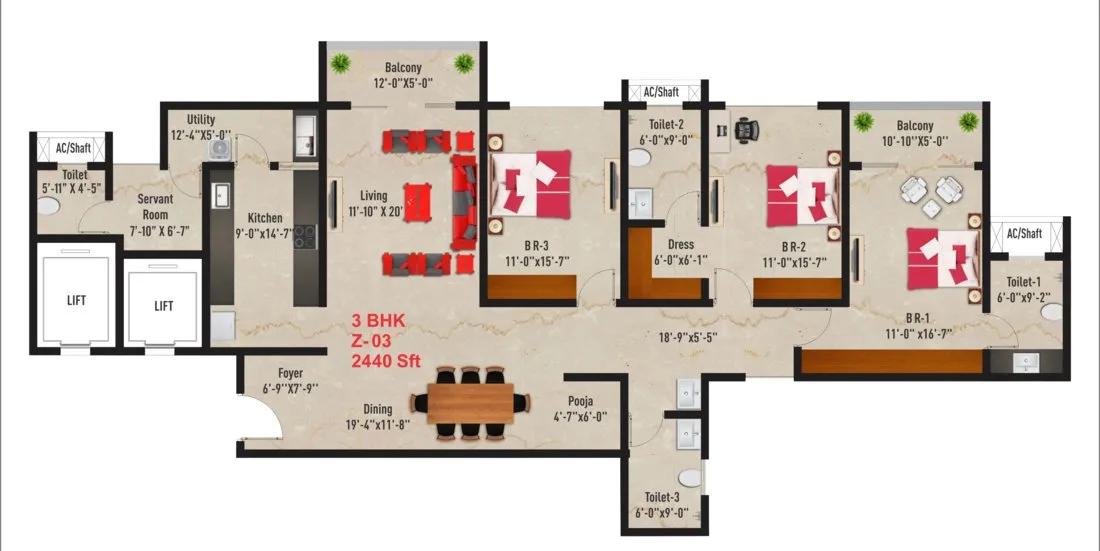 SNN Raj Spiritua 3 BHK floor plan, about 2,440 sq ft