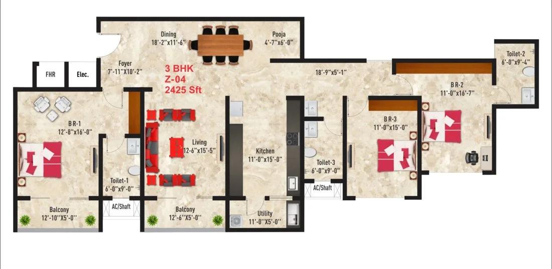 SNN Raj Spiritua 3 BHK floor plan, about 2,425 sq ft