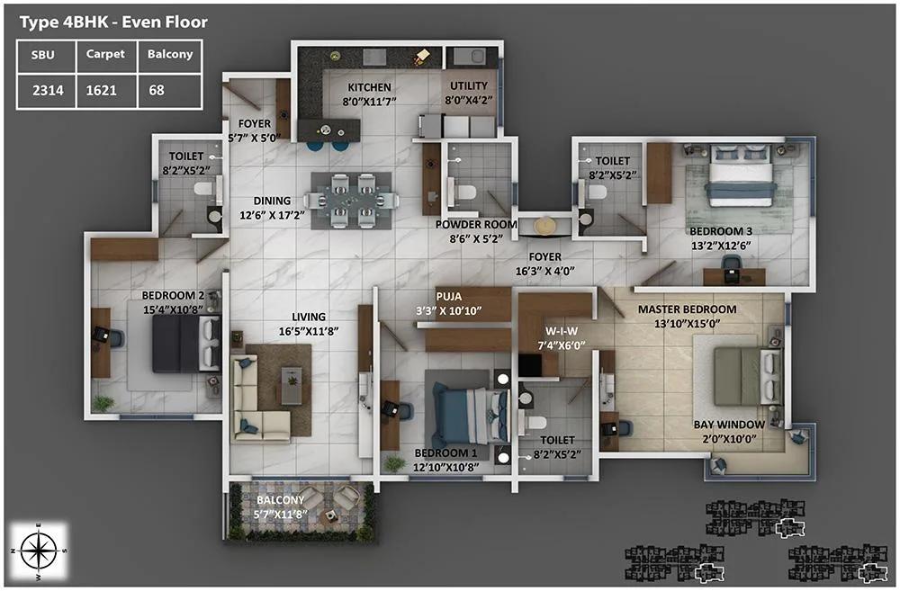 Around the Life by Keya Homes 4 BHK floor plan, about 2,314 sq ft