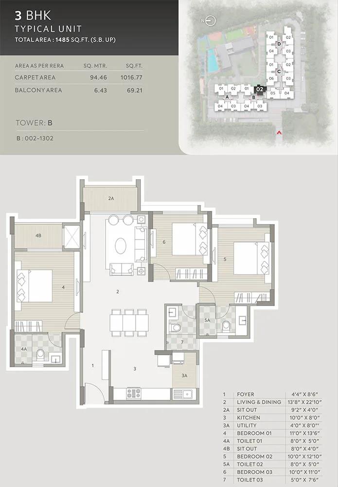 Orchid Platinum 3 BHK floor plan, about 1,485 sq ft