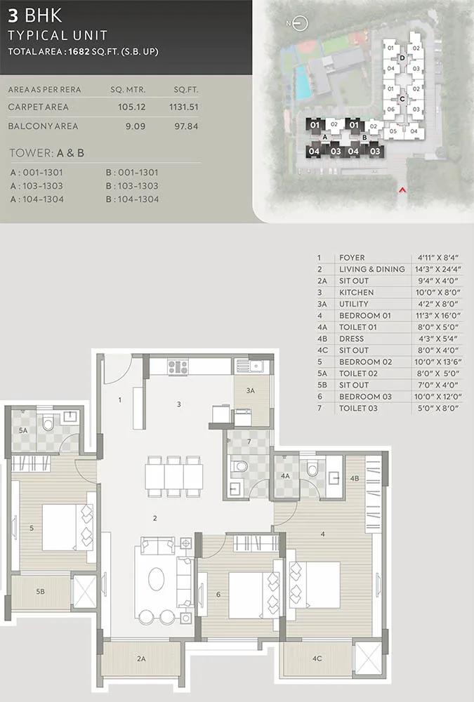 Orchid Platinum 3 BHK floor plan, about 1,682 sq ft