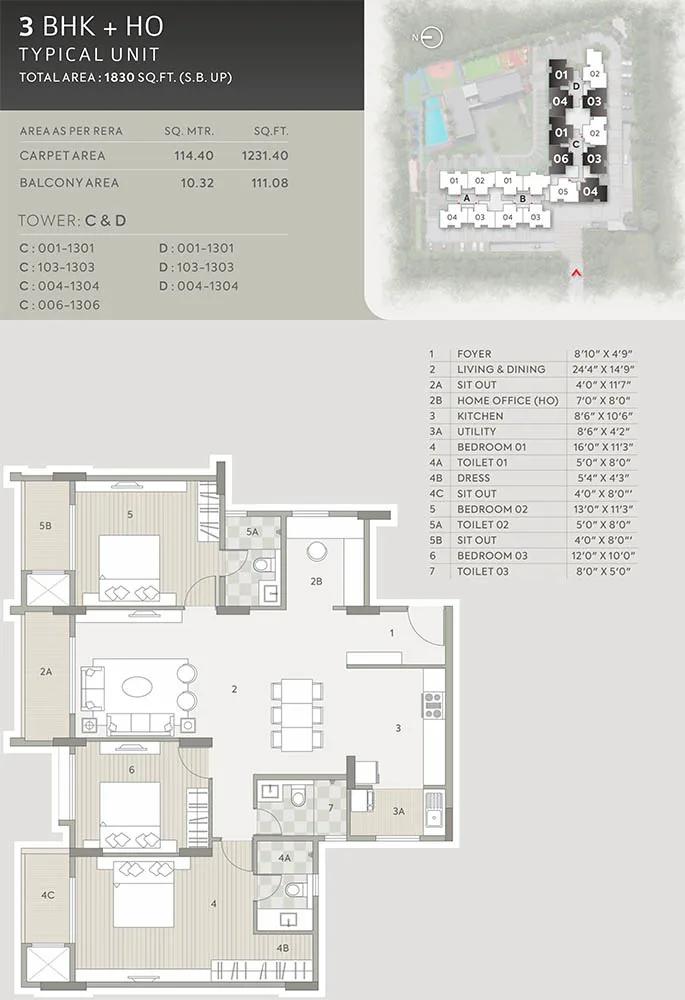 Orchid Platinum 3 BHK floor plan, about 1,830 sq ft