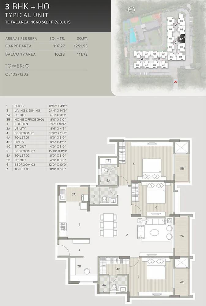 Orchid Platinum 3 BHK floor plan, about 1,860 sq ft