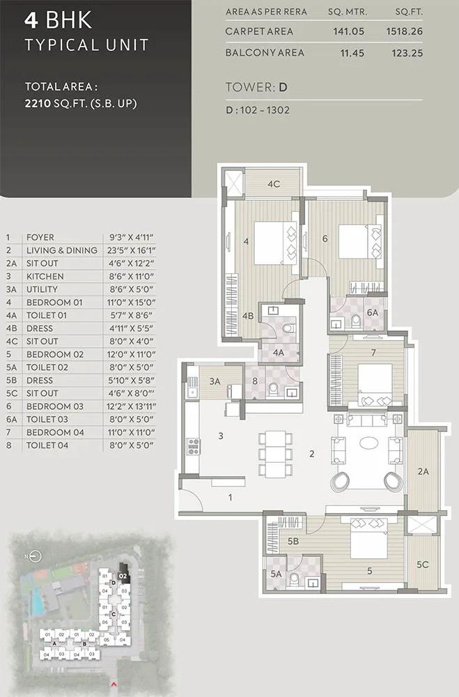Orchid Platinum 4 BHK floor plan, about 2,210 sq ft