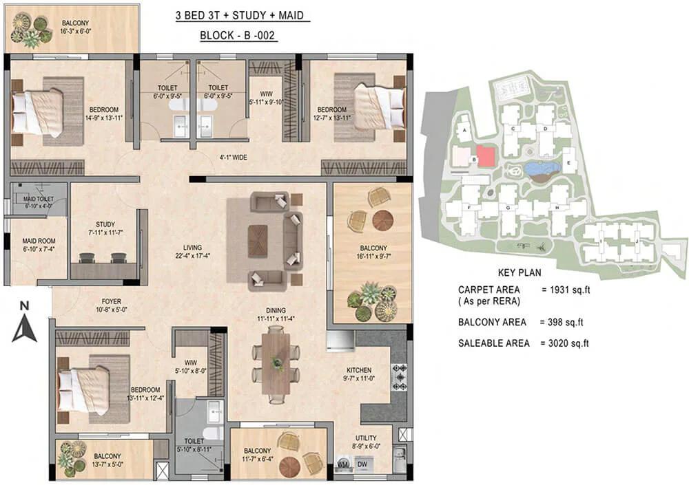 Tattvam Midori 3 BHK floor plan, about 3,020 sq ft