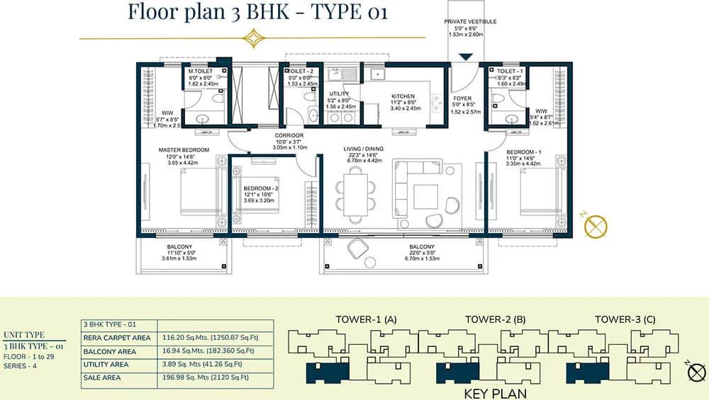 Godrej Tiara 3 BHK floor plan, about 2,120 sq ft