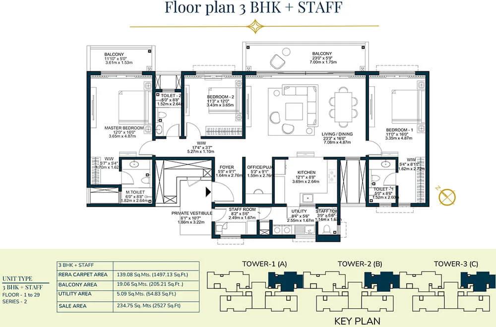 Godrej Tiara 3 BHK floor plan, about 2,527 sq ft