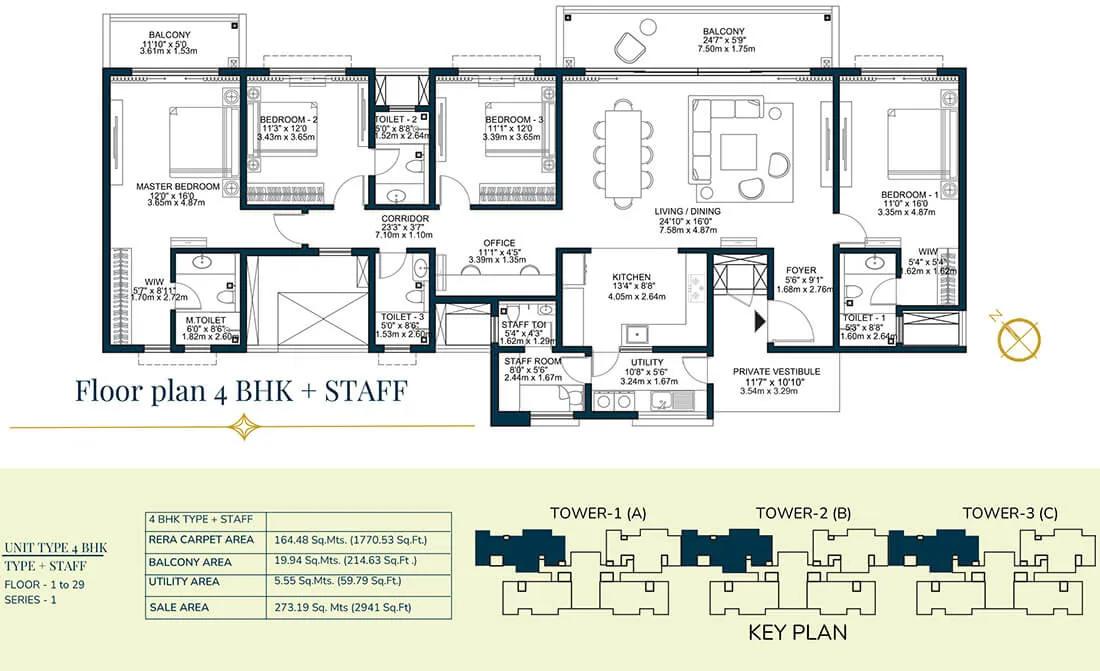 Godrej Tiara 4 BHK floor plan, about 2,941 sq ft