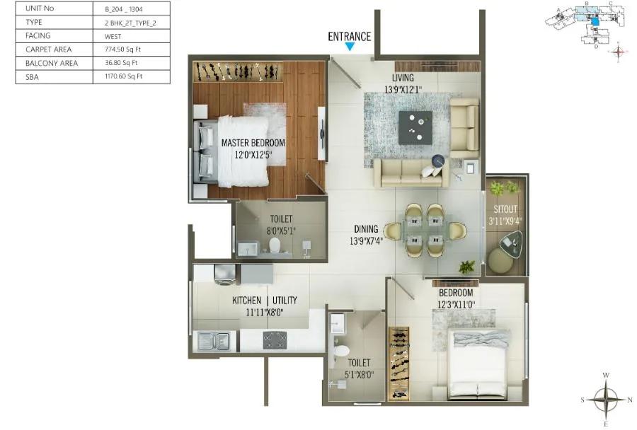 Concorde Mayfair 2 BHK floor plan, about 1,170 sq ft
