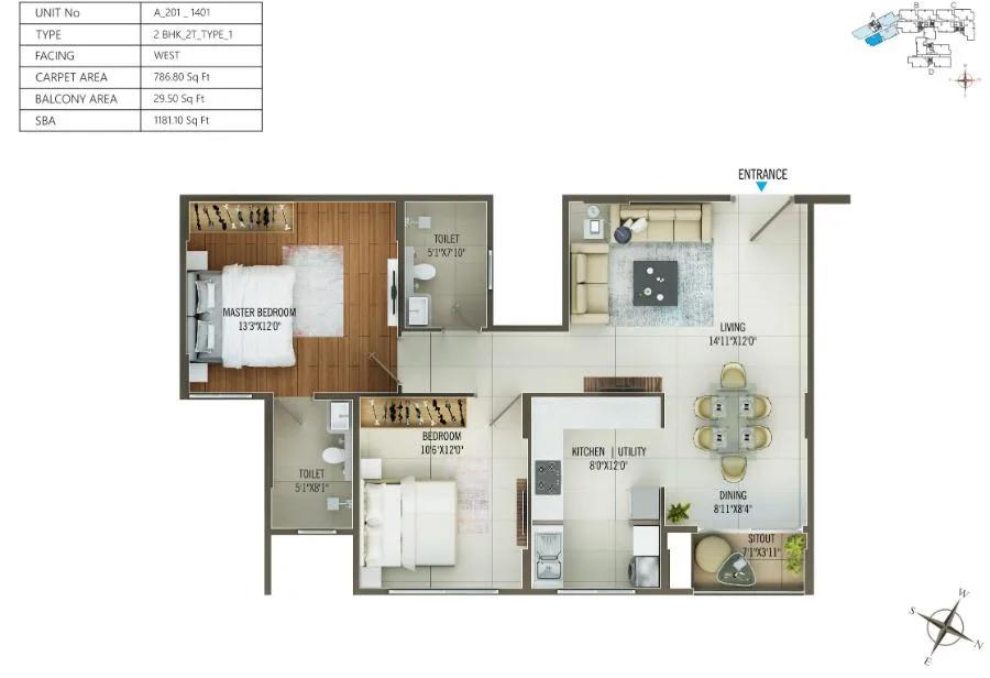 Concorde Mayfair 2 BHK floor plan, about 1,181 sq ft