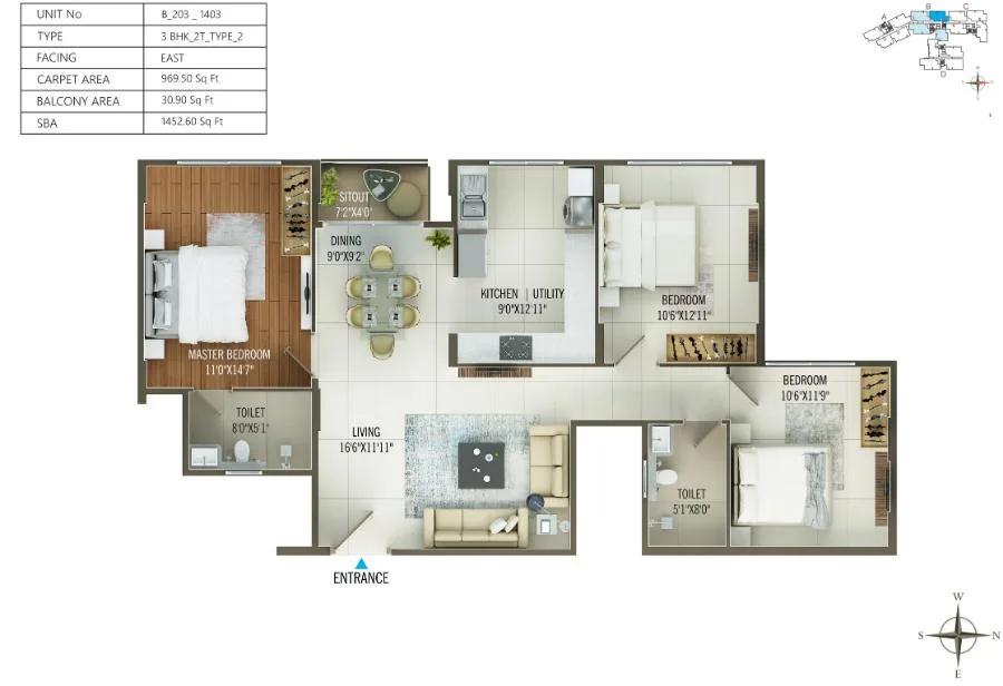 Concorde Mayfair 3 BHK floor plan, about 1,452 sq ft
