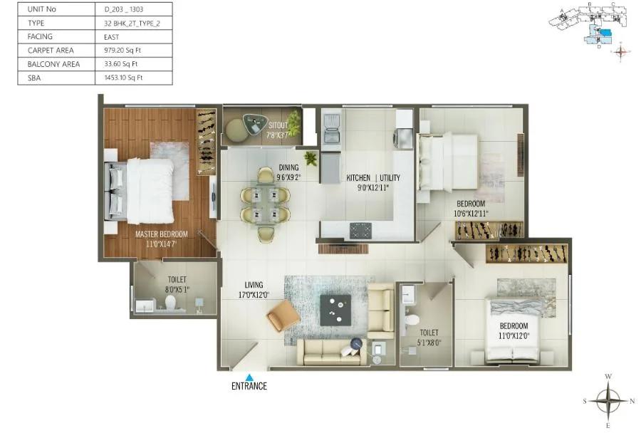 Concorde Mayfair 3 BHK floor plan, about 1,453 sq ft
