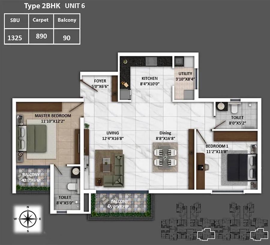 Keya Spring 2 BHK floor plan, about 1,325 sq ft