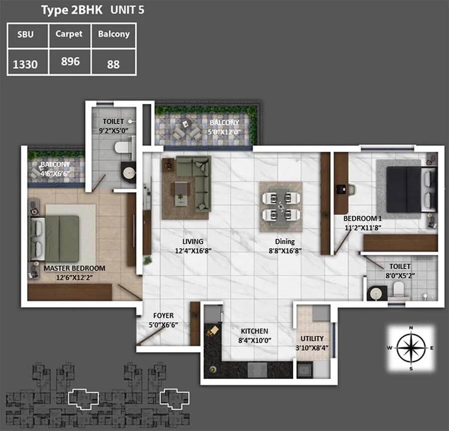 Keya Spring 2 BHK floor plan, about 1,330 sq ft