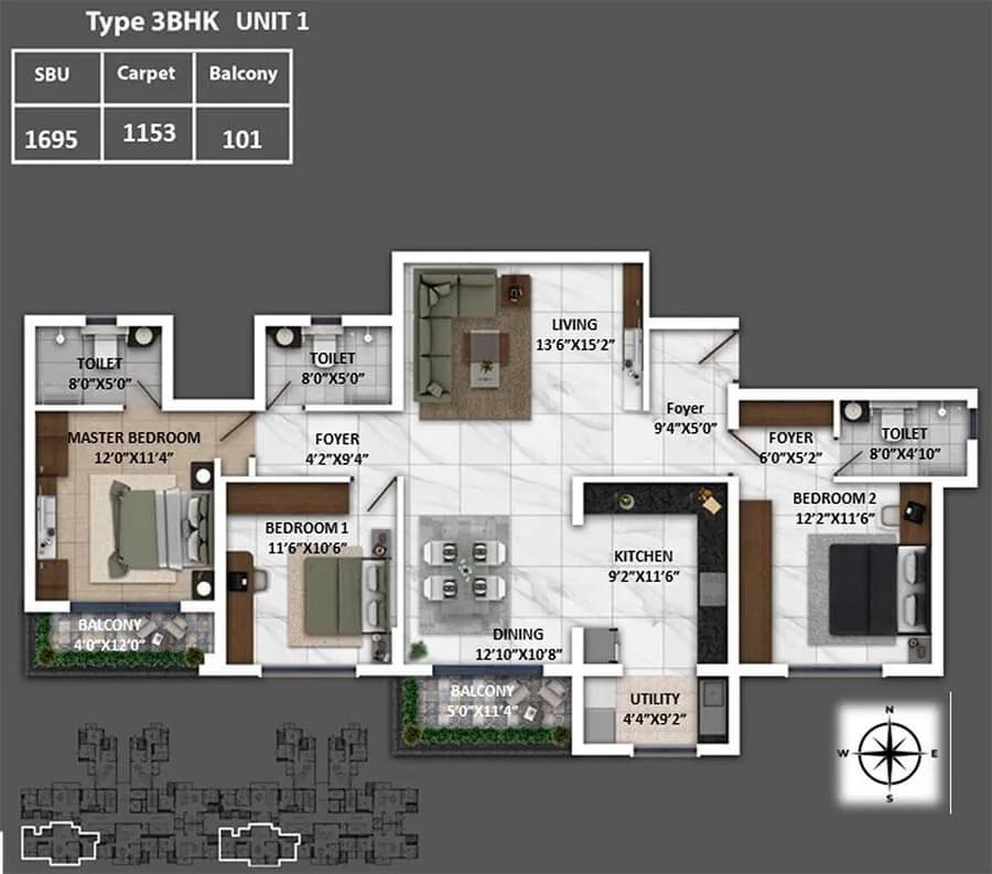 Keya Spring 3 BHK floor plan, about 1,695 sq ft