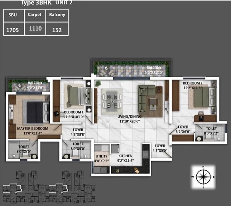 Keya Spring 3 BHK floor plan, about 1,705 sq ft
