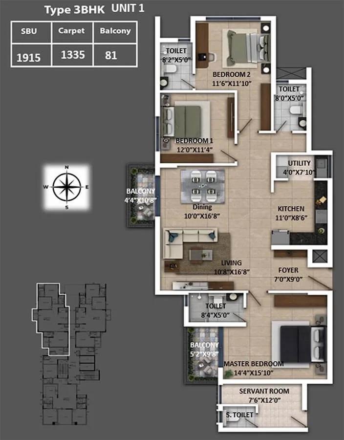 Keya Spring 3 BHK floor plan, about 1,915 sq ft