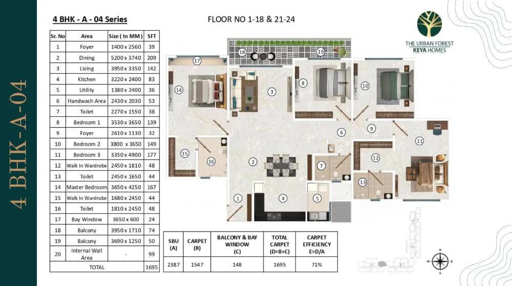 Keya The Urban Forest 4 BHK floor plan, about 2,387 sq ft