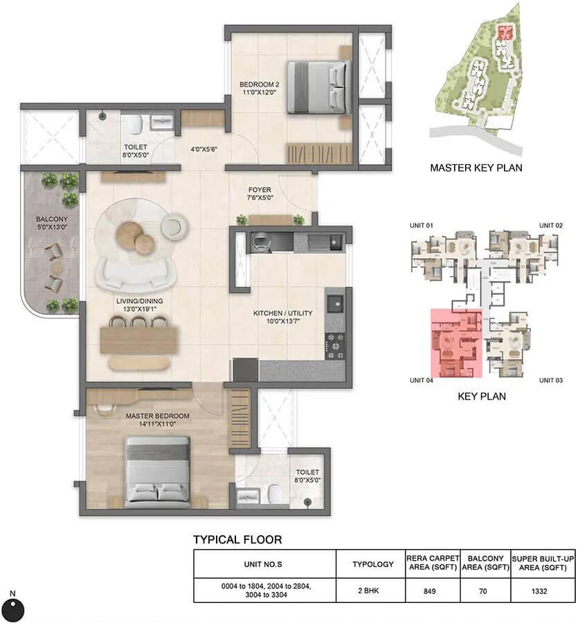 Bricks and Milestones Solcrest 2 BHK floor plan, about 1,332 sq ft