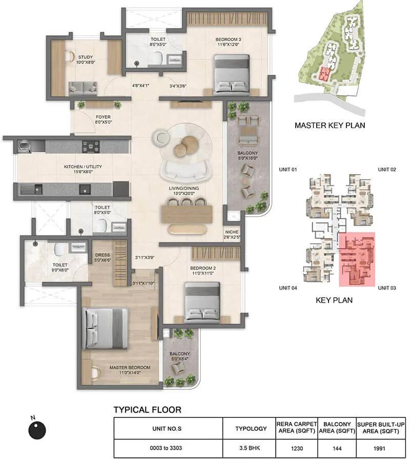 Bricks and Milestones Solcrest 3.5 BHK floor plan, about 1,991 sq ft